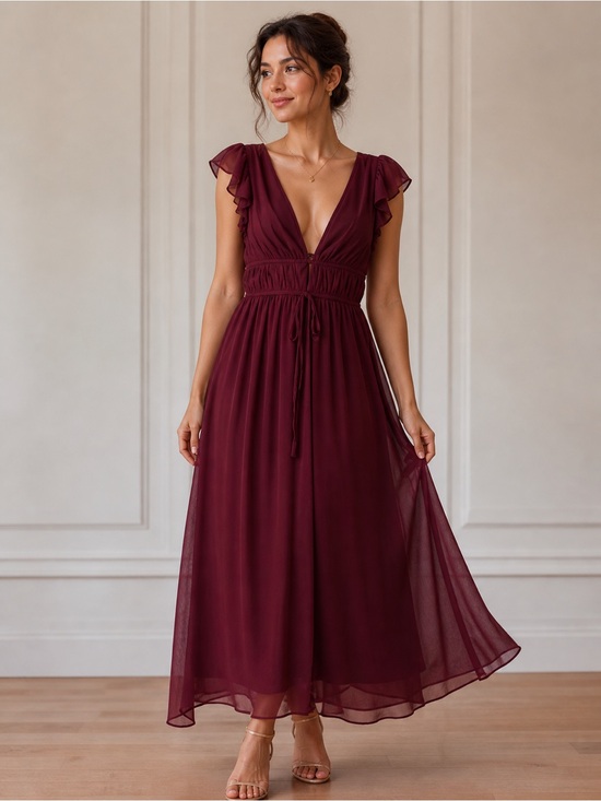 Dresses & Skirts - Deep Burgundy V-Neck Maxi Dress with Flutter Sleeves